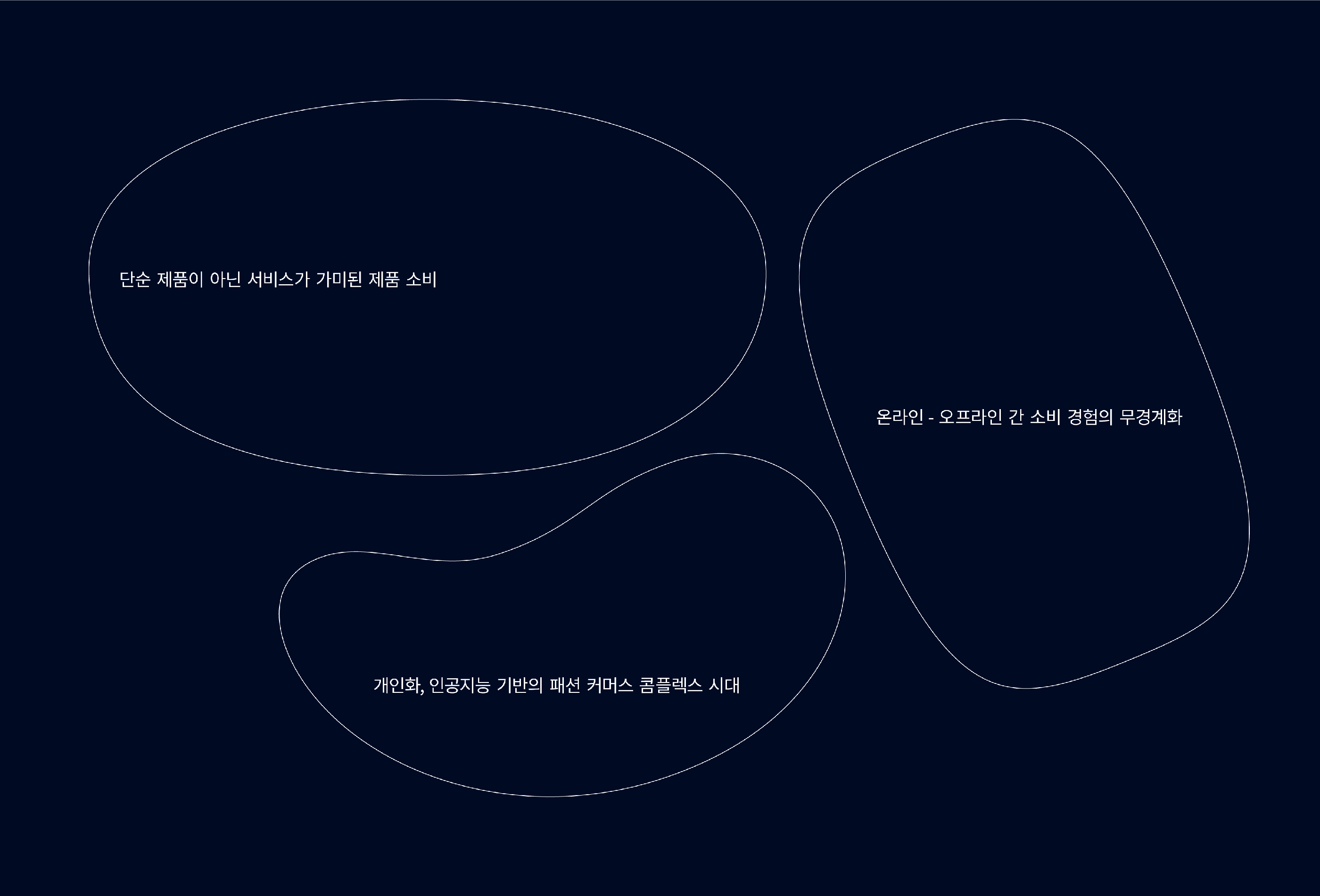 단순 제품이 아닌 서비스가 가미된 제품 소비 / 온라인 - 오프라인 간 소비 경험의 무경계화 / 개인화, 인공지능 기반의 패션 커머스 콤플렉스 시대