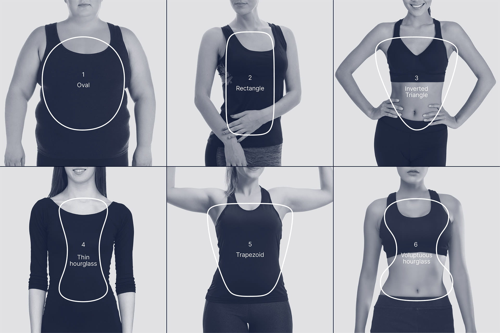 1-Oval / 2-Rectangle / 3-Inverted Triangle / 4-Thin hourglass / 5-Trapezoid / 6-Voluptuous hourglass