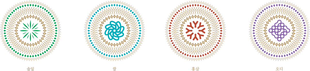 재료 중심 이미지 - 솔잎, 쌀, 홍삼, 오디