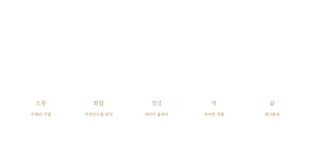 권주문화 - 예의와 범절 / 향음주례 인생의 기쁨 - 소통(주례와 주법), 화양양주 - 화합이 좋은 술을 빚는다. 혼자 할 수 없음 - 화합(자연산수를 담다), 백세침숙대냉 - 백번 씻고 하룻 밤 담그어 차게 식힌다 - 정성(내어다 올린다), 풍류 - 술을 즐길 줄 안다. 술자리 예술 詩, 書, 畵, 樂 - 멋(우아한 취흥), 은혜와 정 - 계절주, 관례, 혼례, 상례, 제례, 향음의례 - 삶(세시풍속)