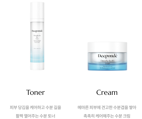 Toner: 피부 당김을 케어하고 수분 길을 활짝 열어주는 수분 토너 / Cream: 메마른 피부에 견고한 수분겹을 쌓아 촉촉히 케어해주는 수분 크림